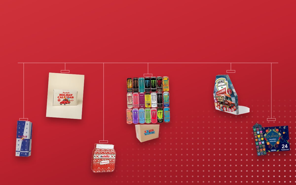 Advent calendars for Coworkers: Monster Energy Drink 12 Assorted Flavours, Barebells 2025, Heinz 2024, Red Bull 2024 Official, Pukka Organic Tea 2025, Nutella Chocolate
