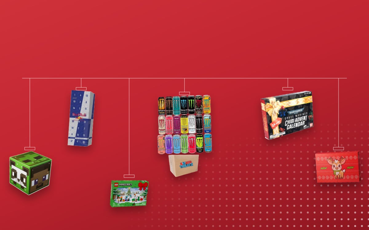 Advent calendars for Gamers: Monster Energy Drink 12 Assorted Flavours, Red Bull 2024 Official, Warhammer 40K Chibi 24 Space Marine Bandai, Minecraft Green Cube, HOLY Starter (with Energy), LEGO Minecraft 2025