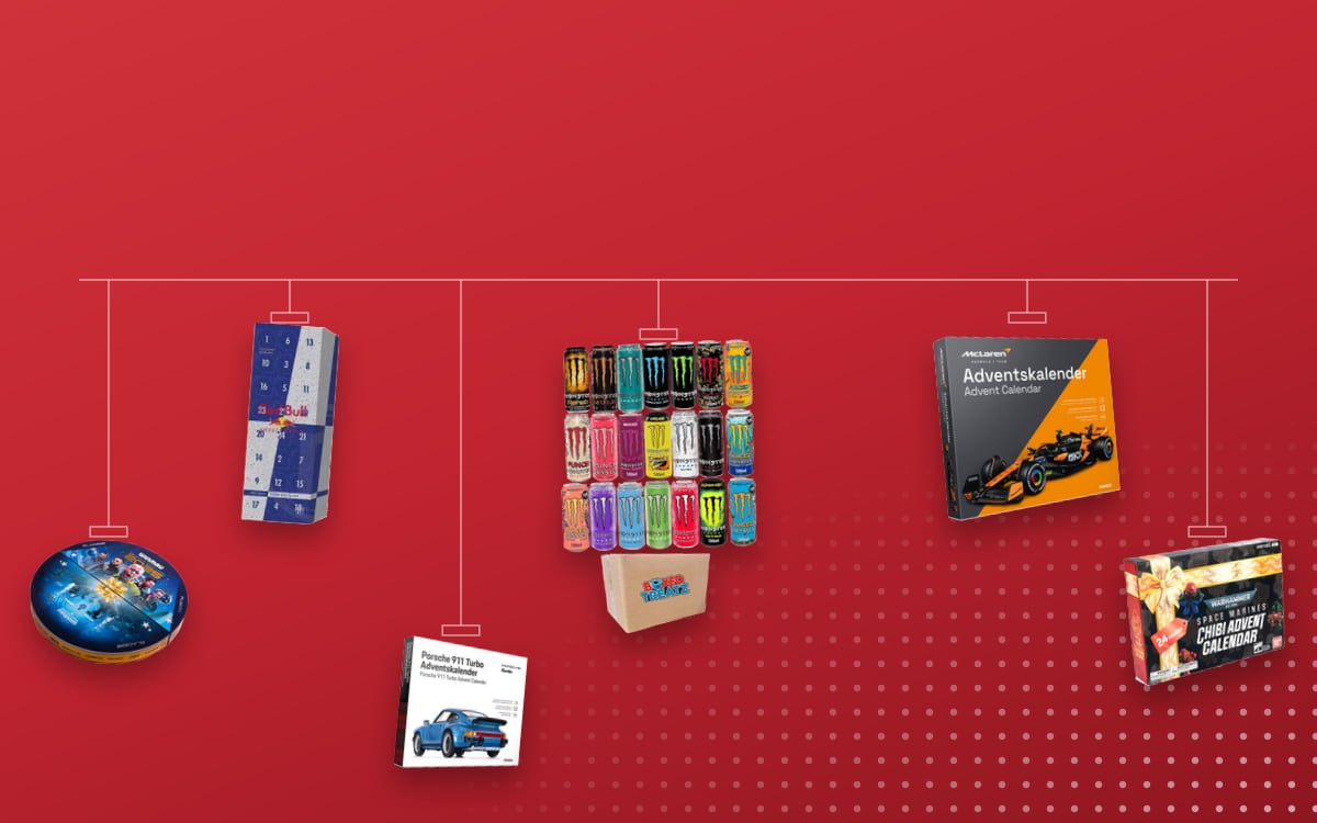 Advent calendars for Geeks: Monster Energy Drink 12 Assorted Flavours, Red Bull 2024 Official, FRANZIS McLaren Racing 2025, Winmau Darts 2025, Warhammer 40K Chibi 24 Space Marine Bandai, Porsche 911 Turbo