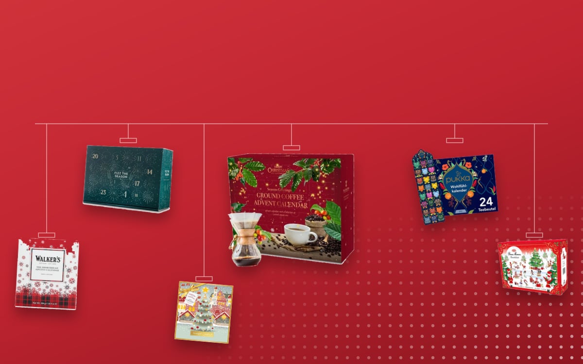 Advent calendars for Grandparents: Tilz 24 Days Flavoured Ground Coffee, John Lewis Fizz, Pukka Organic Tea 2025, Walkers Shortbread 2025, Bonne Maman Limited Edition, Yankee Candle Book