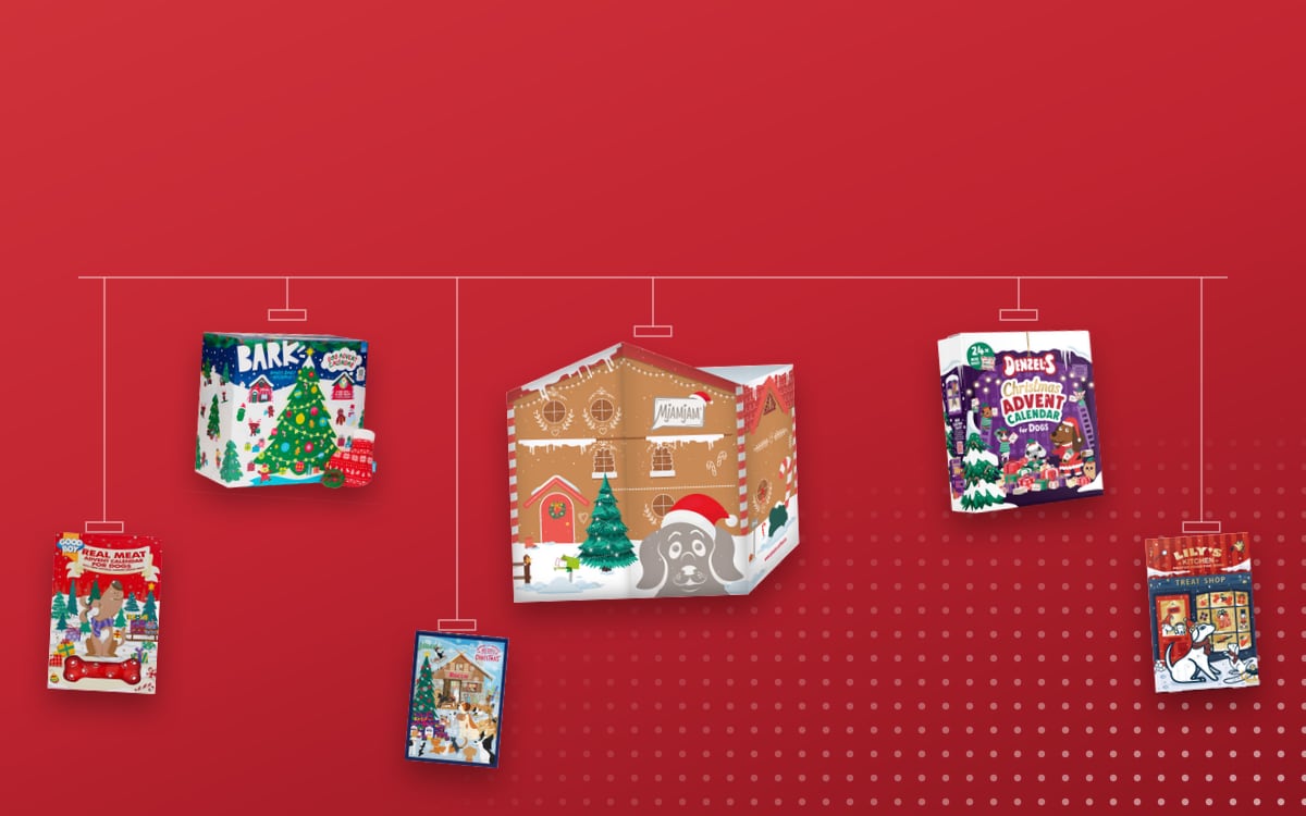 Advent calendars for Dogs: MjAMjAM Dog 2025, BarkBox Howly Jowly Holidays 2026, Denzel's Advent Calendar 2026, Good Boy Real Meat Dog Advent Calendar 2026, Lily's Kitchen Dog 2026, Rocco Advent Calendar for Dogs 2026