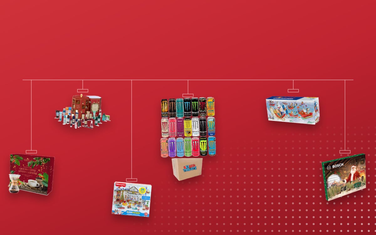 Advent calendars Under $50: Monster Energy Drink 12 Assorted Flavours, Yves Rocher 2026, Red Bull 2026, Tilz 24 Days Flavoured Ground Coffee, Bosch 2025, Little People by Fisher-Price 2024