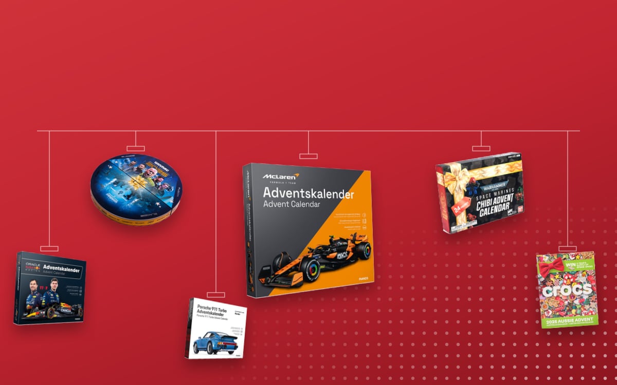 Advent calendars Collectibles: FRANZIS McLaren Racing 2025, Winmau Darts 2025, Warhammer 40K Chibi 24 Space Marine Bandai, Red Bull Oracle Racing by Franzis, Crocs 2025, Porsche 911 Turbo