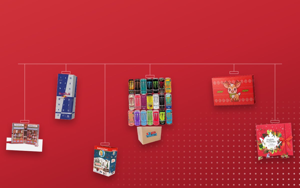 Advent calendars Beverages: Monster Energy Drink 12 Assorted Flavours, Red Bull 2024 Official, HOLY Starter (with Energy), Grind Coffee Pod 2026, English Tea Shop Book-Style Red 2026, Rotbäckchen 24 Saft Minis 2026