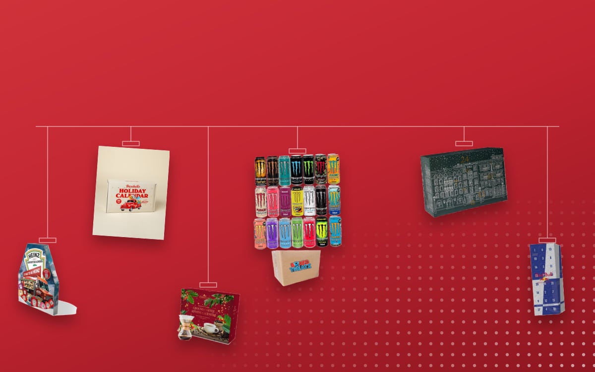 Advent calendars Food: Monster Energy Drink 12 Assorted Flavours, Barebells 2025, Westwing 2024, Heinz 2024, Red Bull 2024 Official, Tilz 24 Days Flavoured Ground Coffee