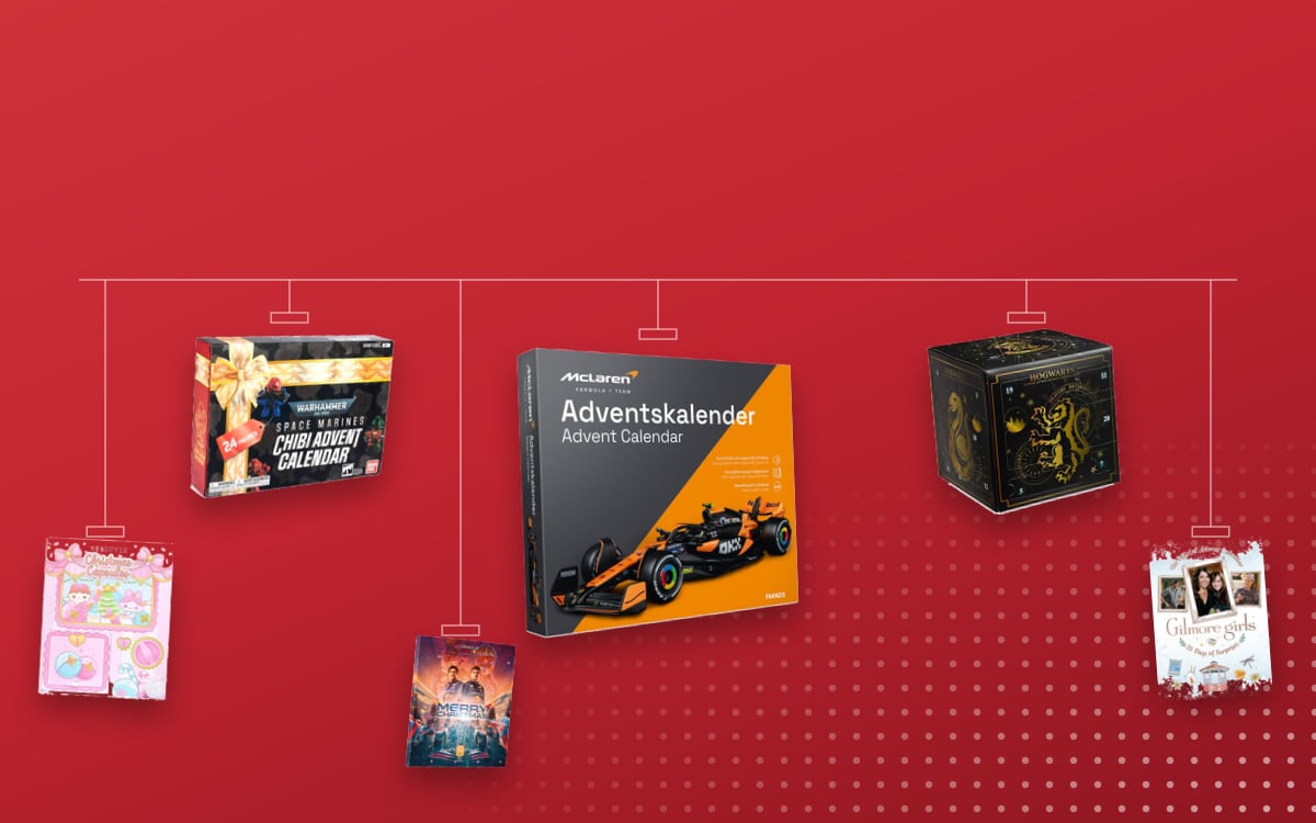 Advent calendars Franchise: FRANZIS McLaren Racing 2025, Warhammer 40K Chibi 24 Space Marine Bandai, Harry Potter 2025, YesStyle Beauty Box Christmas Capsules 2024, Gilmore Girls, Red Bull Oracle Racing Chocolate