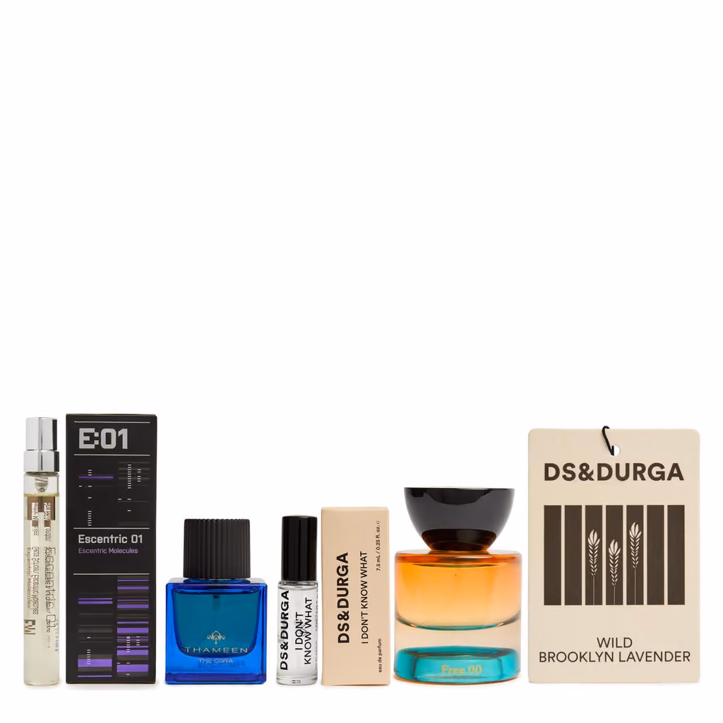 Escentric 01, DS & Durga and other bottles lined up