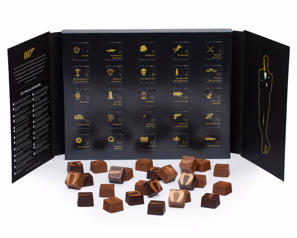 The 007 calendar opened: 25 doors named for the films, and the printed truffle chocolates
