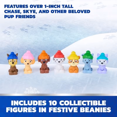Seven pup figures in coloured beanies in a row on snow