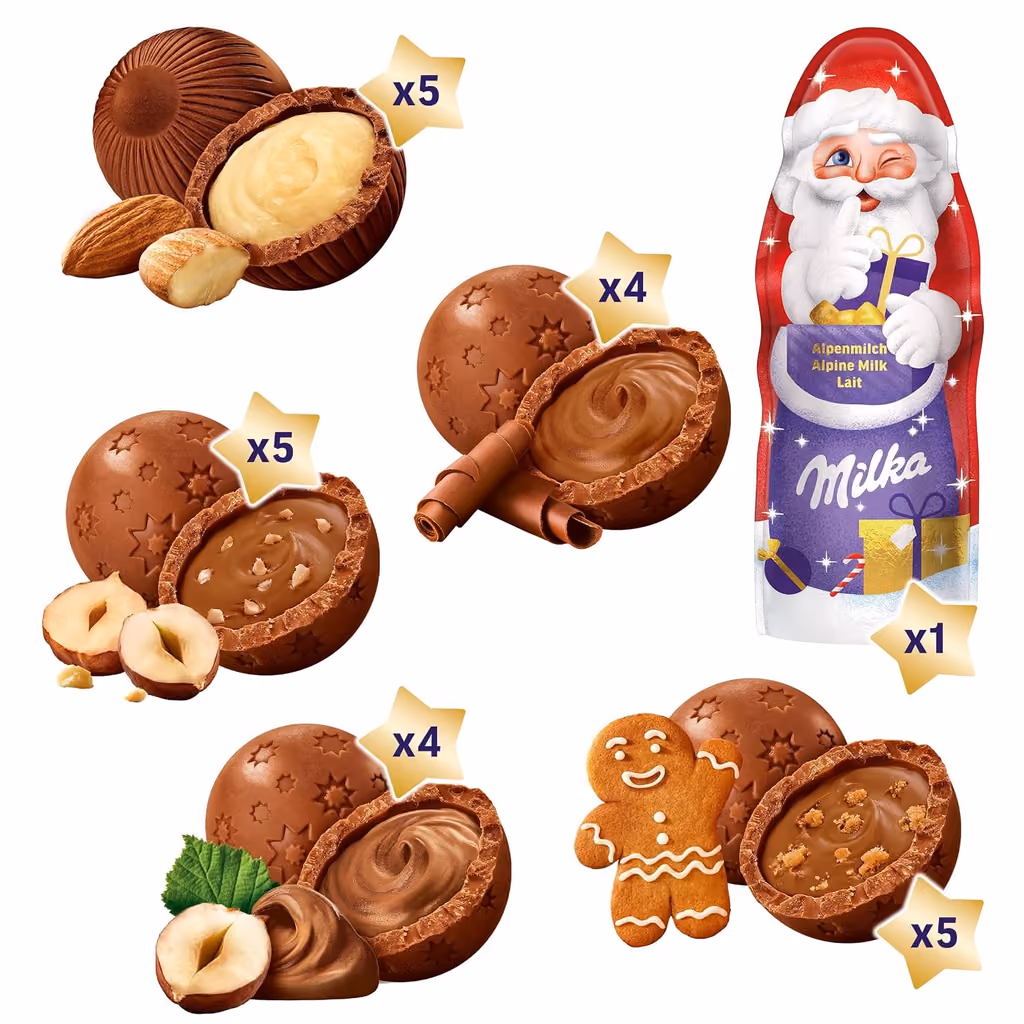 The count card on the back of the Milka Adventszauber calendar: six kinds of praline with the number of each