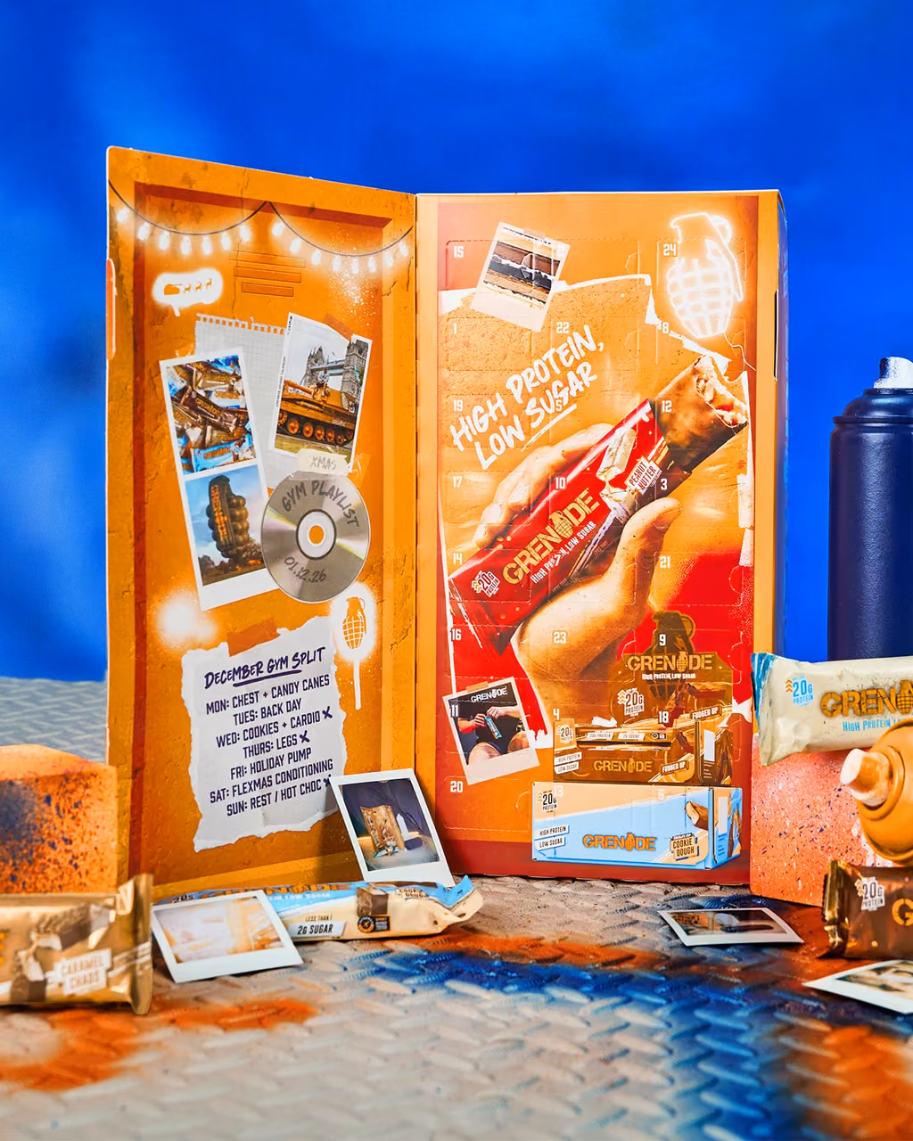 The locker box standing open on a blue set with a bar behind its doors
