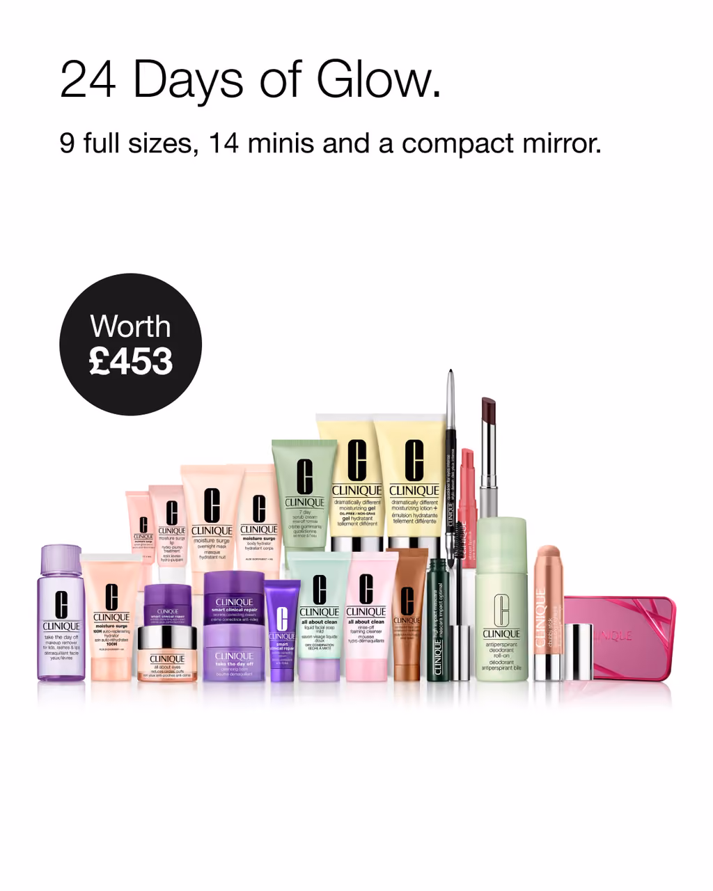 Clinique's lineup of the 24 products with its 453 GBP value badge