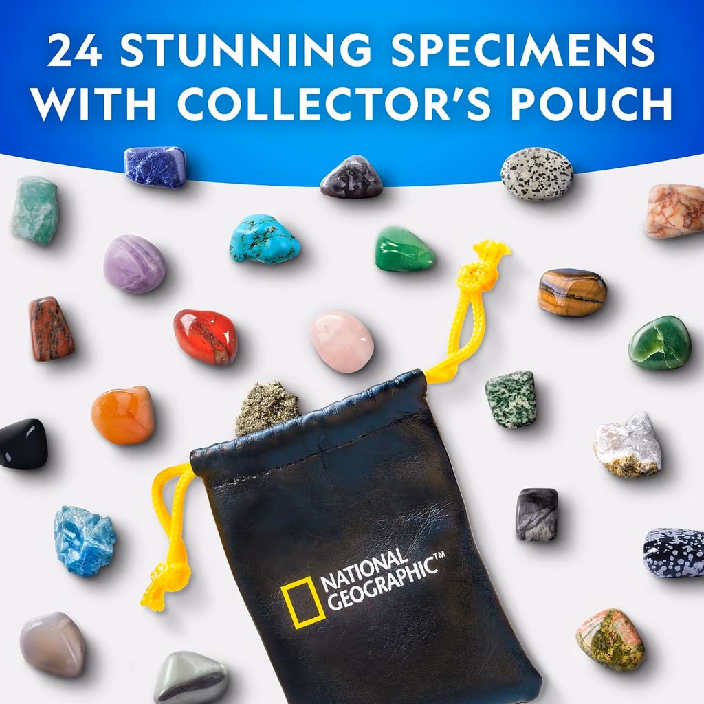 All 24 polished gemstones from the National Geographic Gemstone calendar laid out beside the collector's pouch