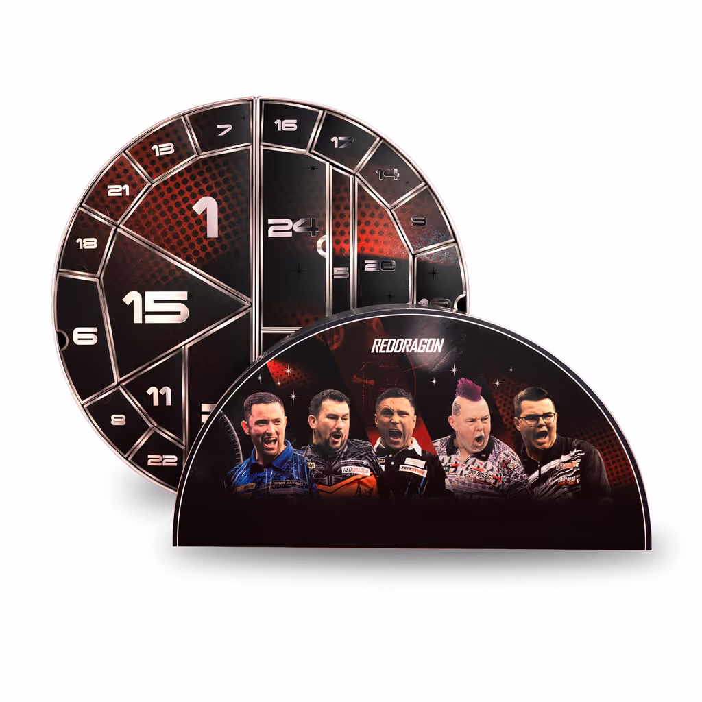 The black-and-red dartboard-style calendar with its 24 numbered doors