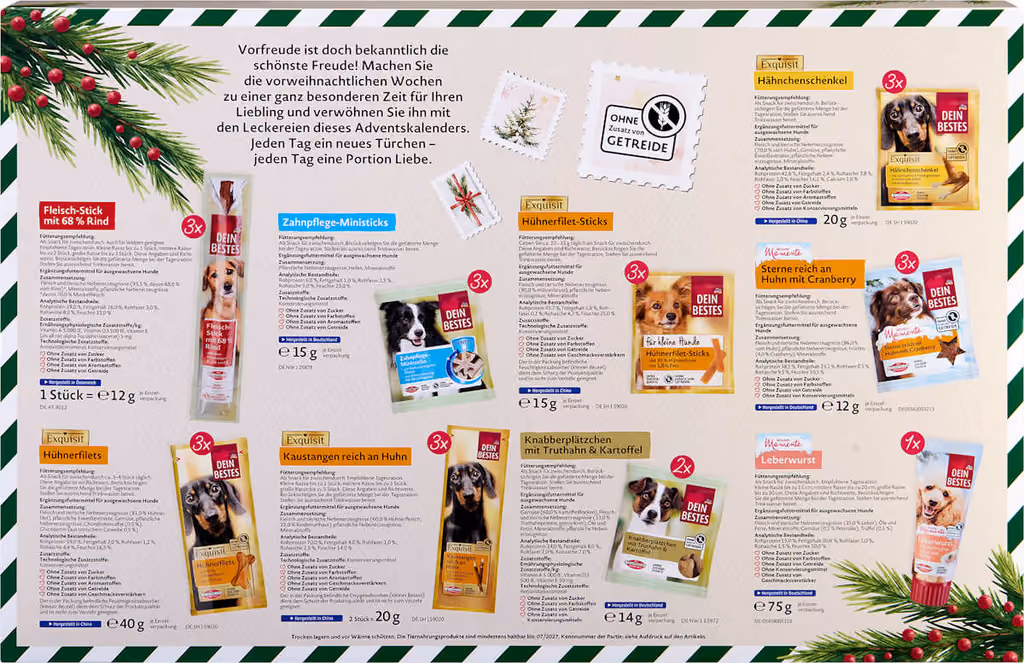 Dein Bestes dog advent calendar 2026, the back panel listing every treat