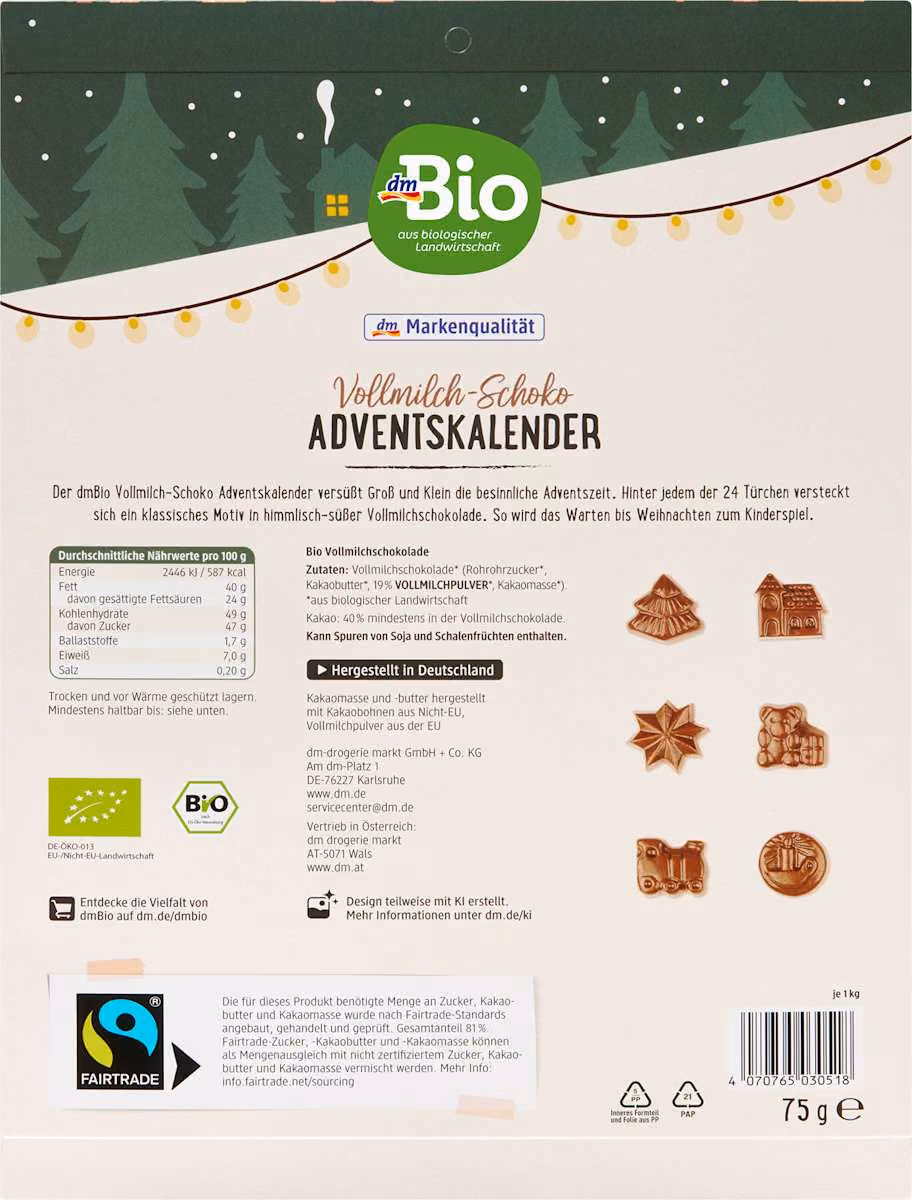 The back of the dmBio chocolate calendar