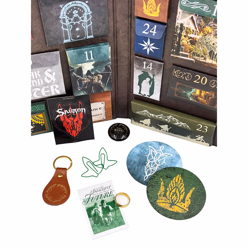 Pieces laid out in front of the pockets: a One Ring keyring, a Sauron patch, a ring pin and printed coasters