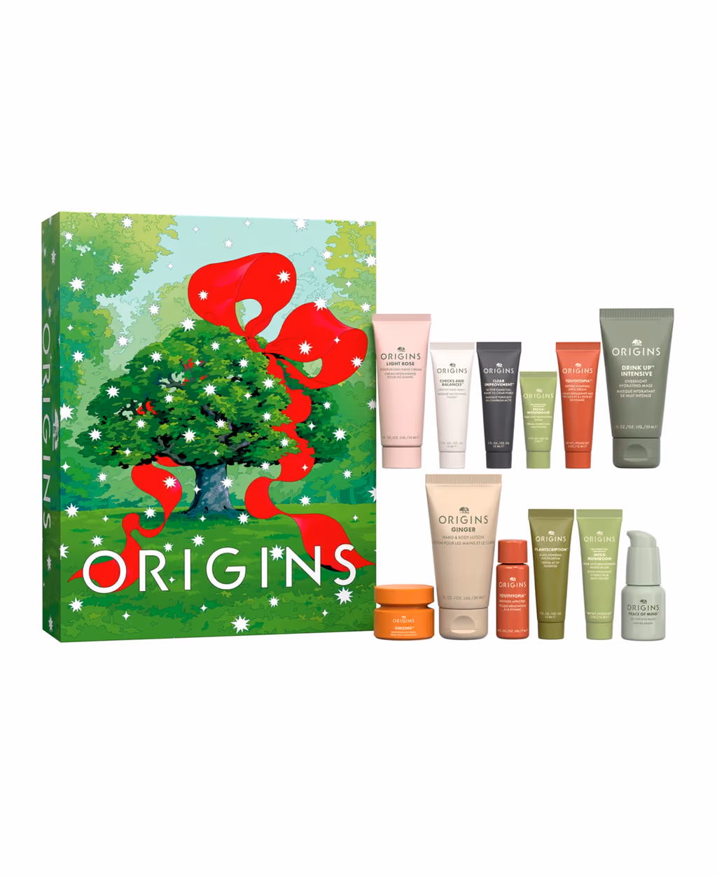 The Origins box with the twelve products beside it