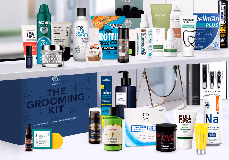 The Grooming Kit Advent Edition 2026 with its 30 products set out on a shelf