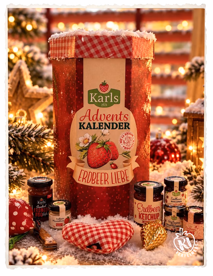 Karls Erdbeerliebe advent calendar 2026 with jars of strawberry ketchup and spreads, the heart cushion and tote bag around it