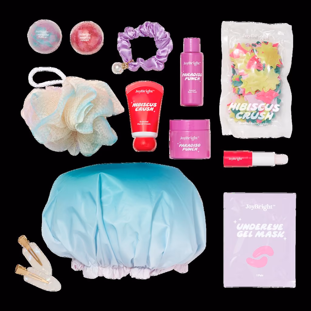 The twelve bath and body pieces laid out