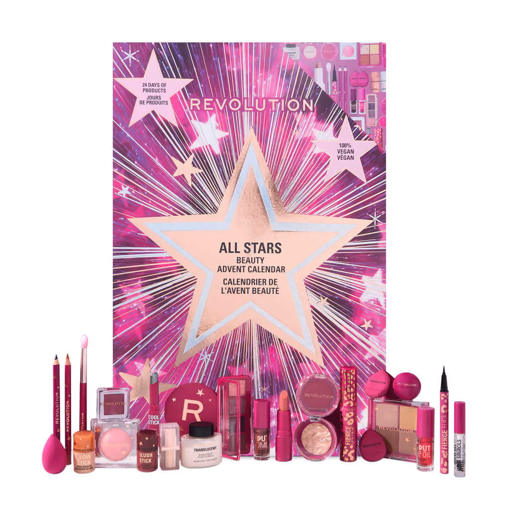 Revolution Makeup Advent Calendar 2025 with the 24 pieces in front