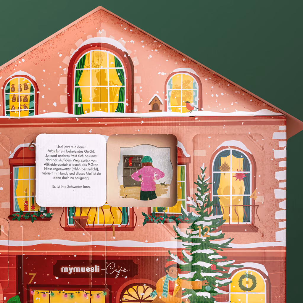 A door of the mymuesli 2026 advent calendar open on its story card