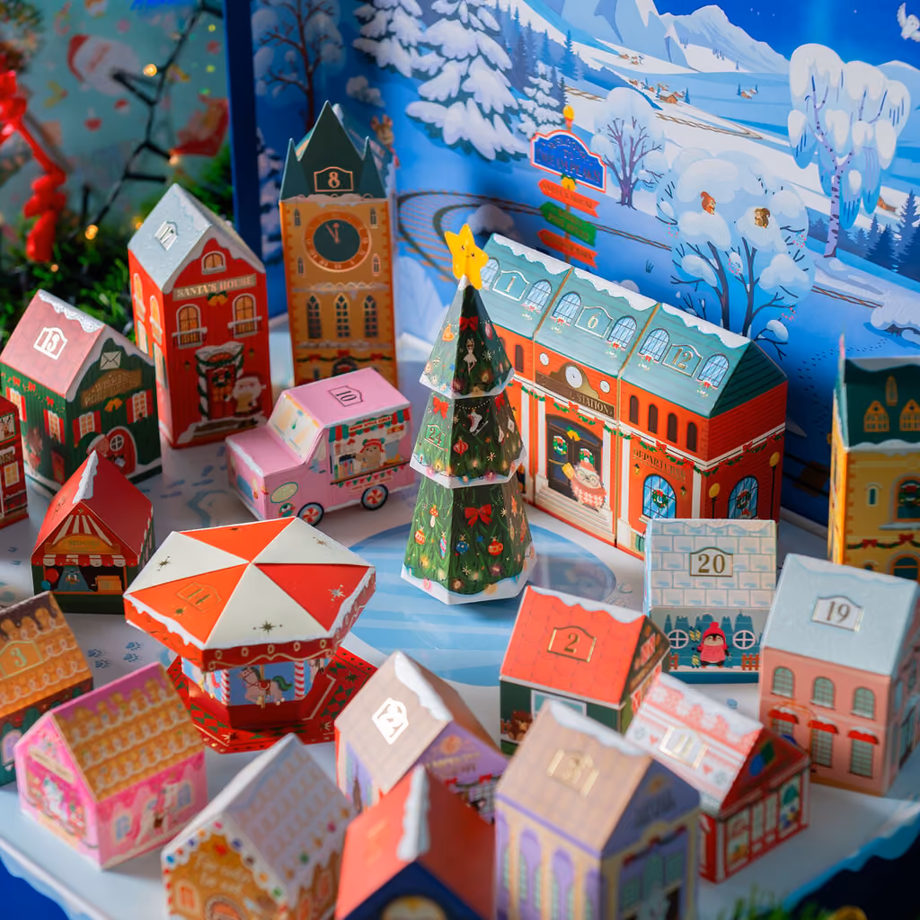 Close-up of the numbered houses, the carousel and the Christmas tree