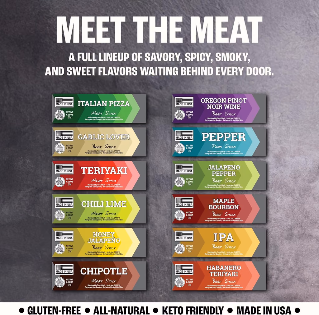 Card naming the twelve meat stick flavours
