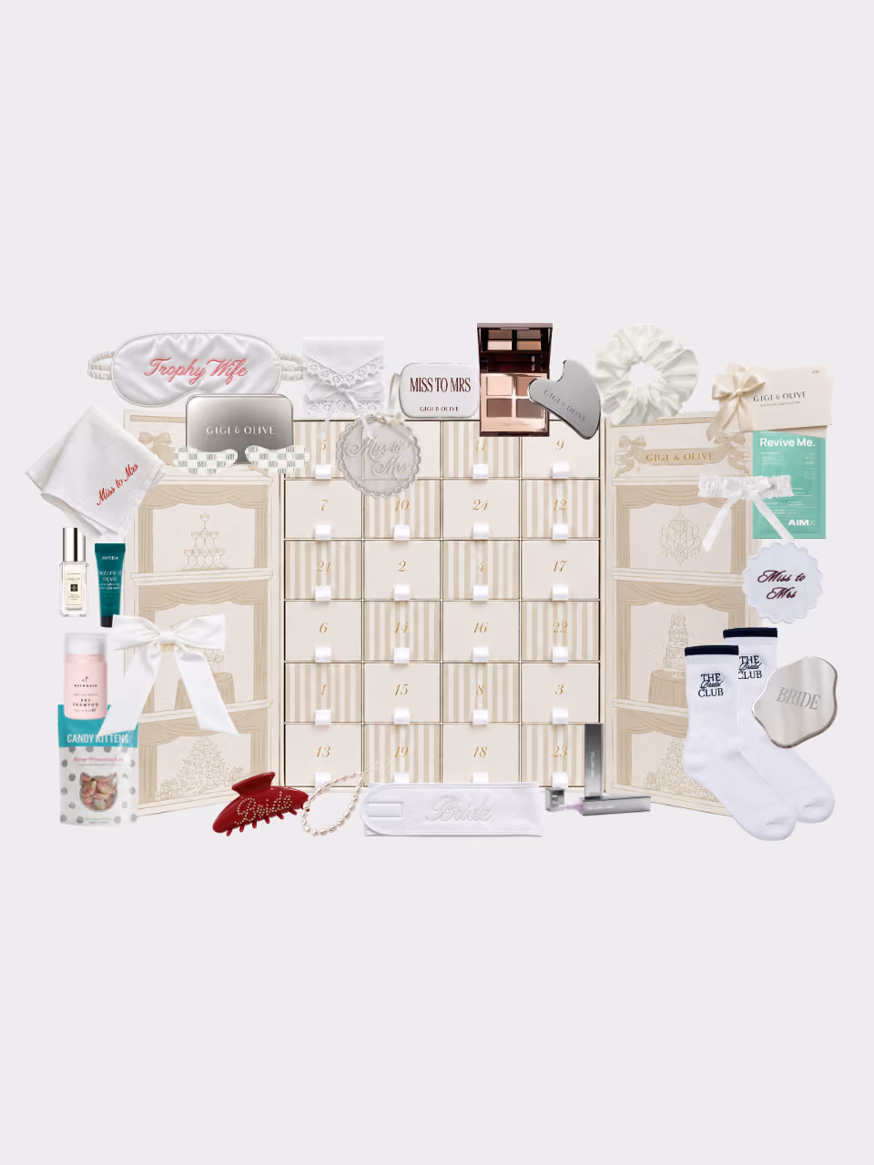 The bridal calendar's products set out beside the townhouse box