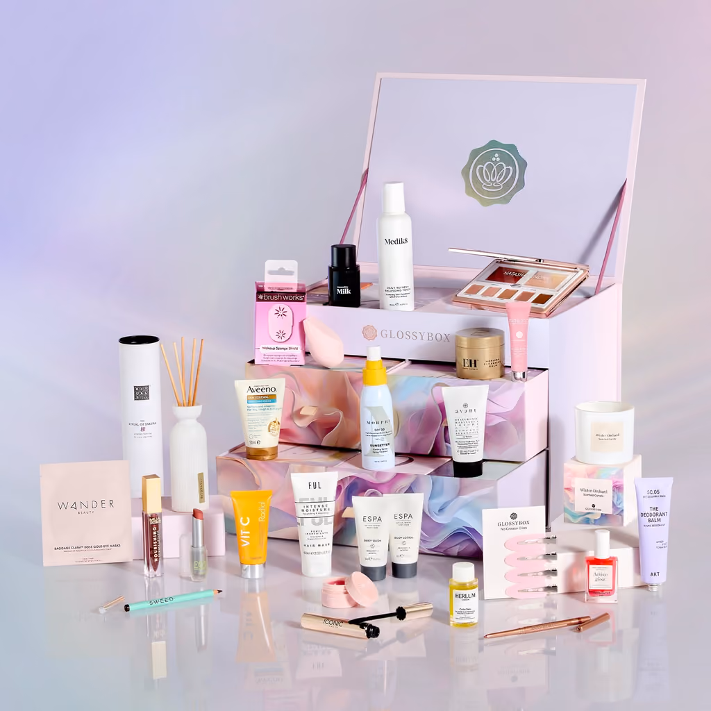 GLOSSYBOX Advent Calendar 2025 with the products in front