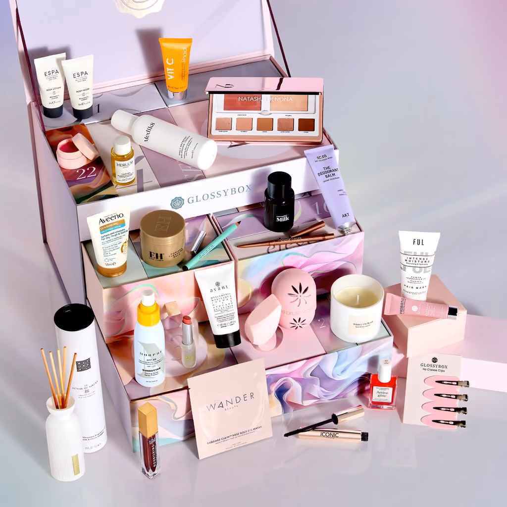 GLOSSYBOX Advent Calendar 2025 open, the drawers filled