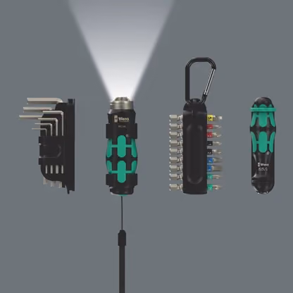 The bits, L-keys, handle and Flashdriver each in their own modular holder