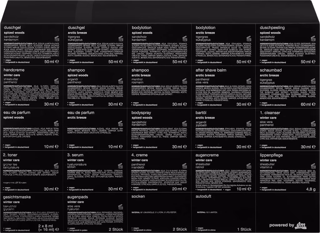 SEINZ. advent calendar 2026, the back panel listing all 24 products with sizes