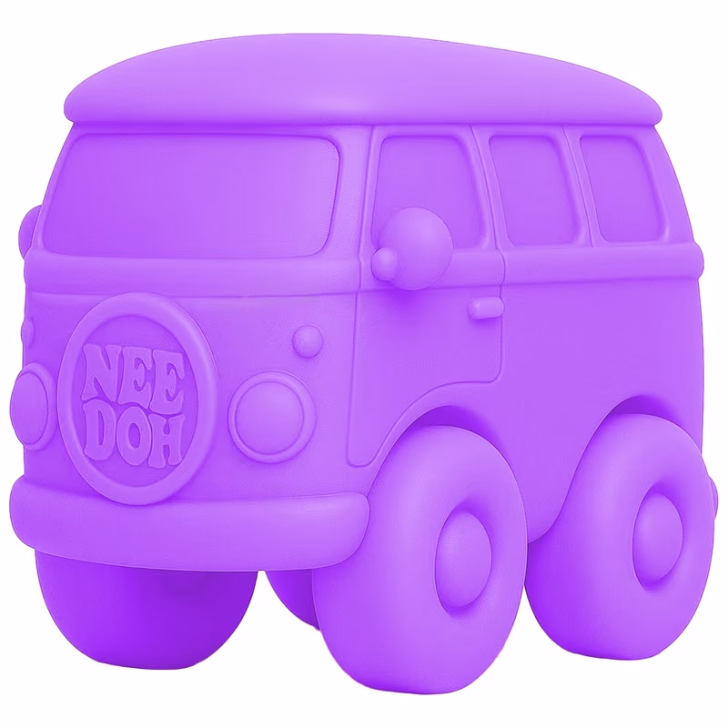 A purple camper van squishy with the NeeDoh logo on the front