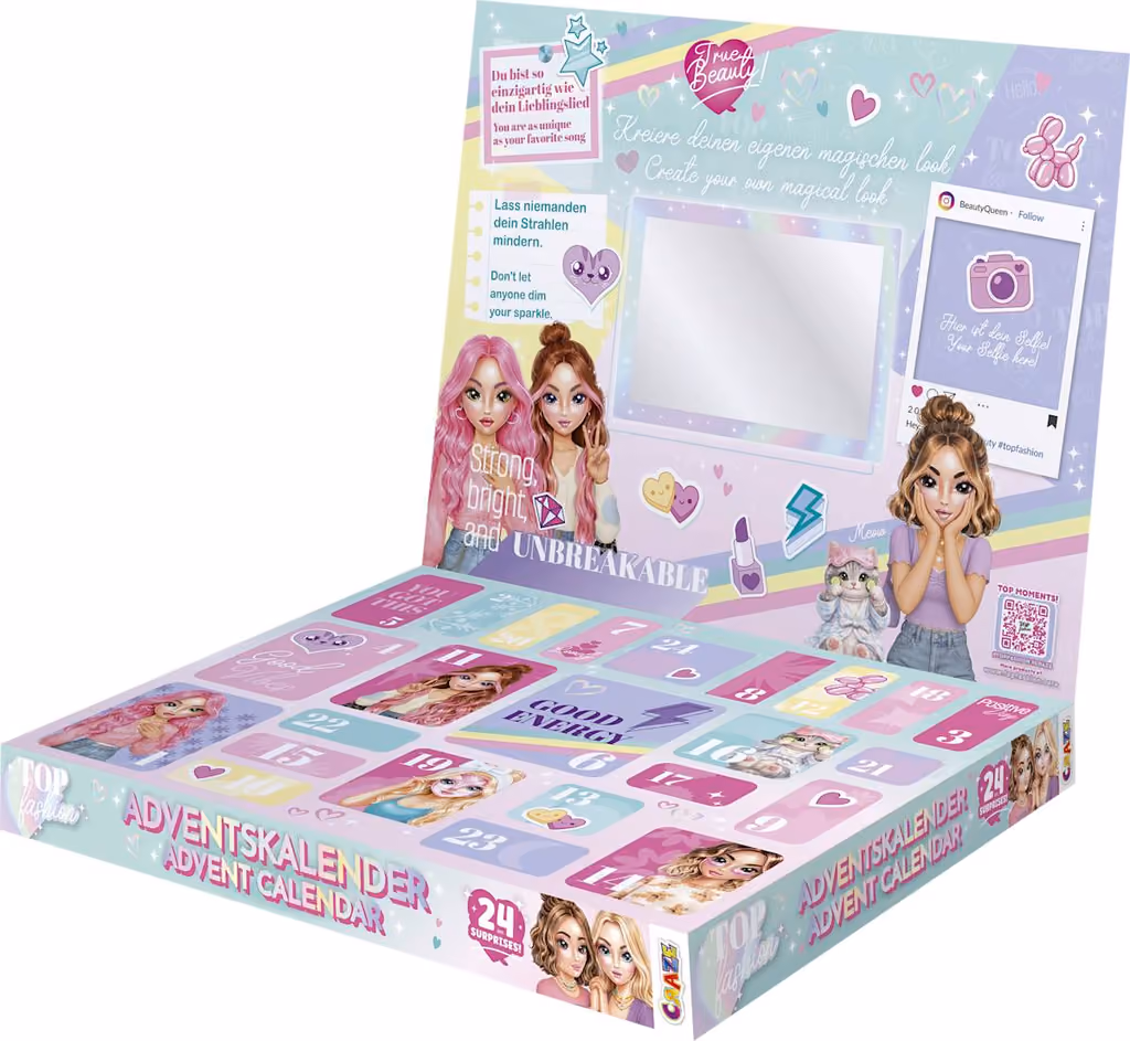 The box standing open with the mirror and selfie frame in the lid and the 24 doors still shut
