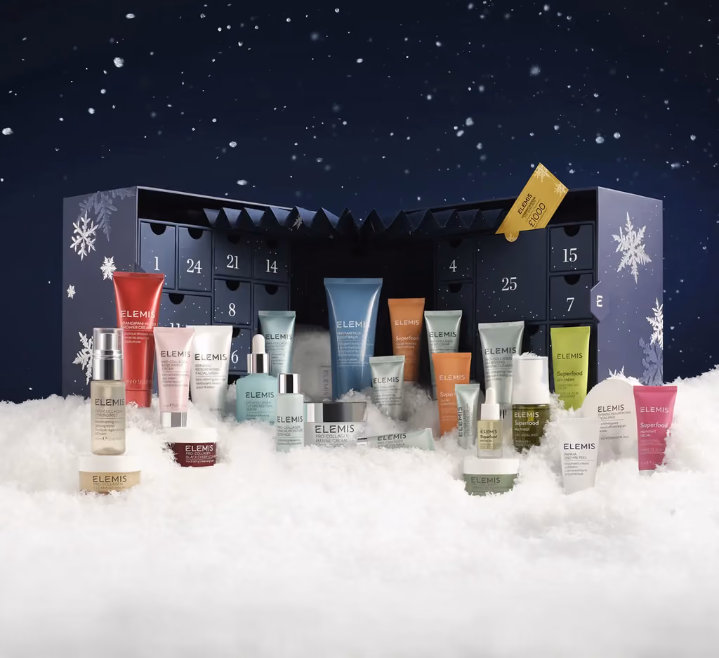 The Elemis 2025 box with its 25 products in the snow