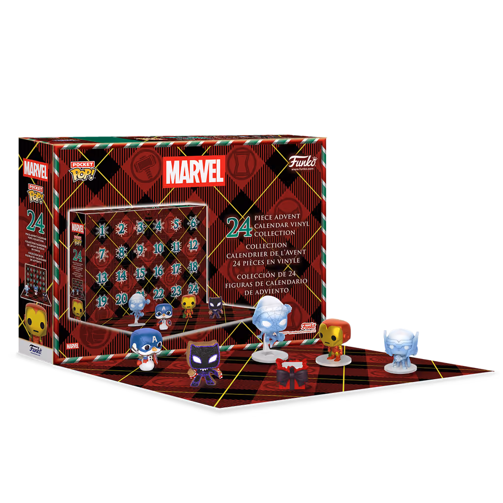The Funko Marvel 2026 calendar opened, with Pocket Pop figures of Iron Man, Spider-Man and friends standing on its tray