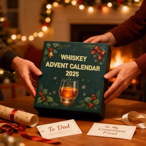 The calendar's bottle replicas laid out beside the opened box