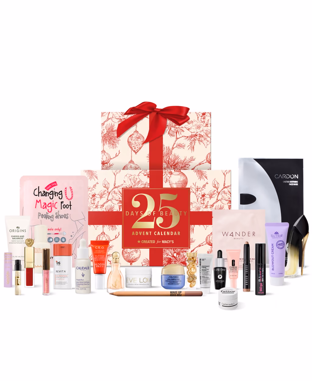 The ribboned box with the 25 products in front