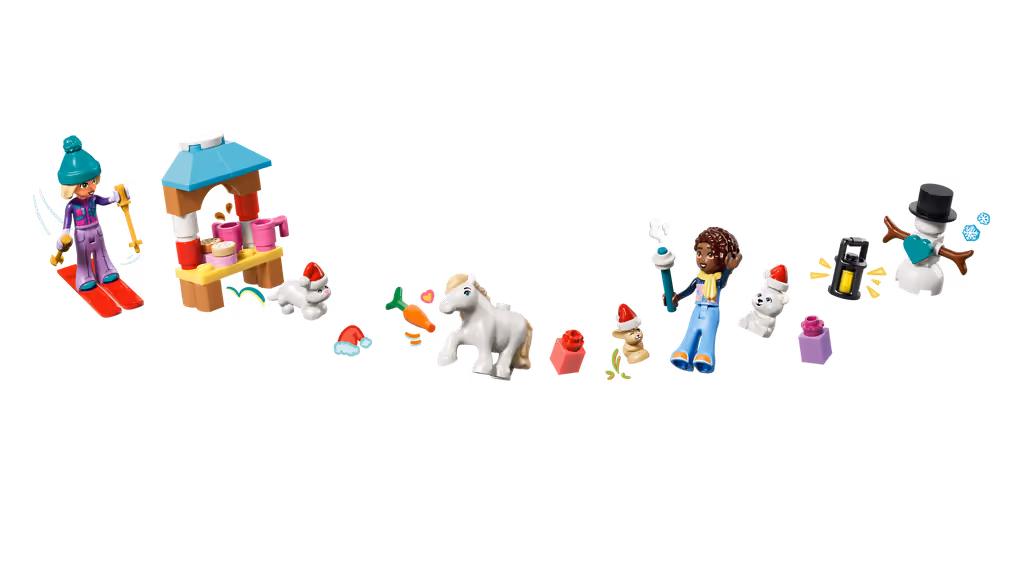 The LEGO Friends 2026 calendar opened out with the minidolls and animals on its winter scene