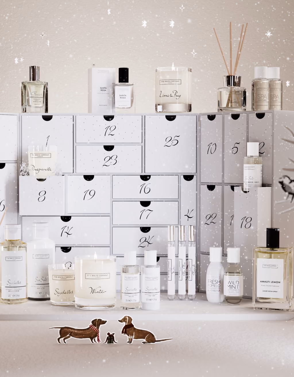 The townhouse calendar with its 25 products lined up in front of it