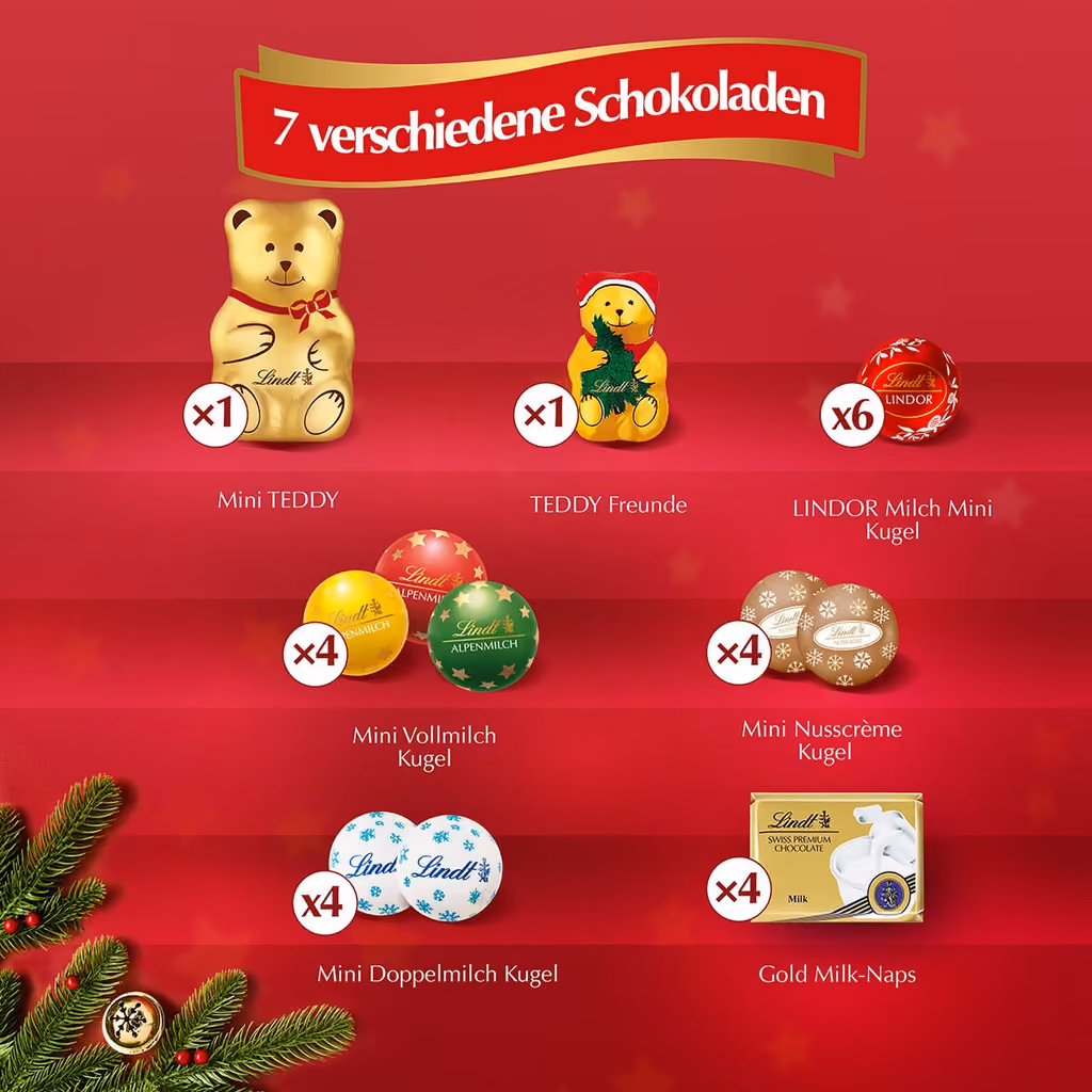 Lindt's count card for the Kleiner TEDDY calendar: seven kinds of chocolate with the number of each