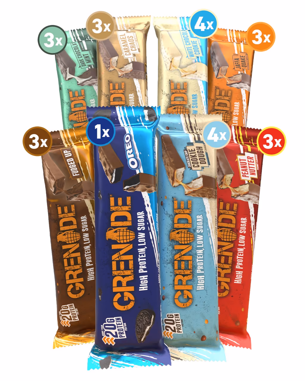 The eight bar flavours in a fan, each marked with how many are in the box