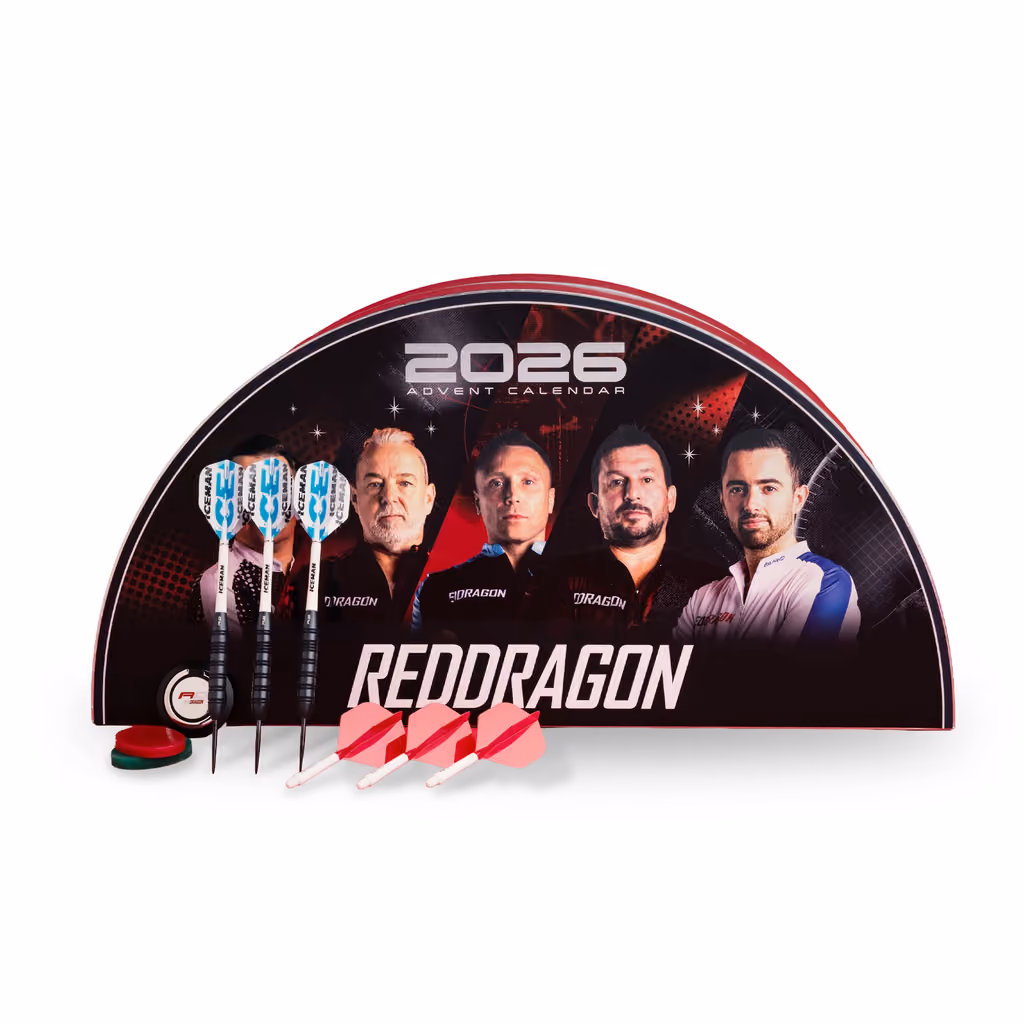 The Red Dragon box open with darts and flights in front of it