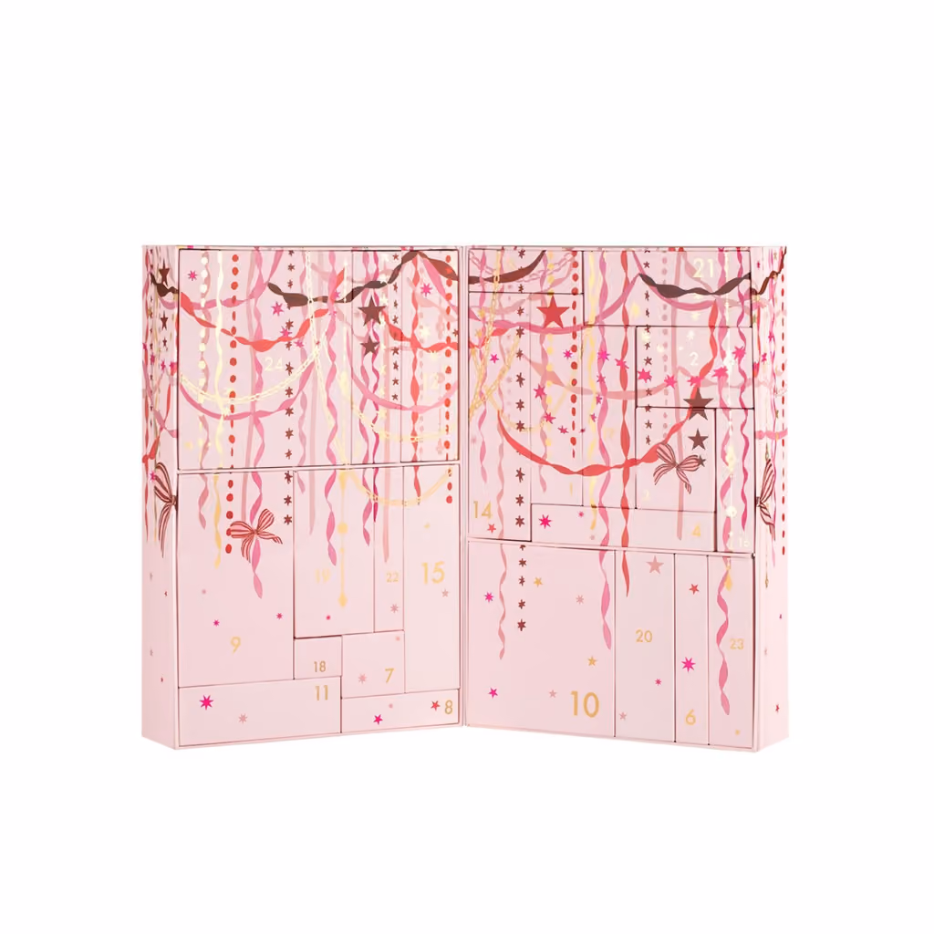 The calendar open, its numbered cartons showing