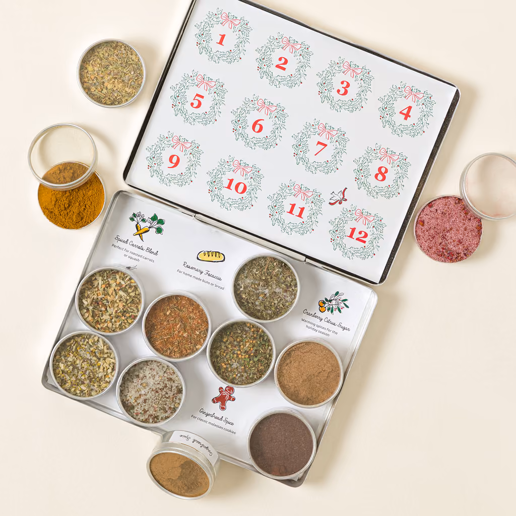 Tins lifted out to show the blend labels beneath