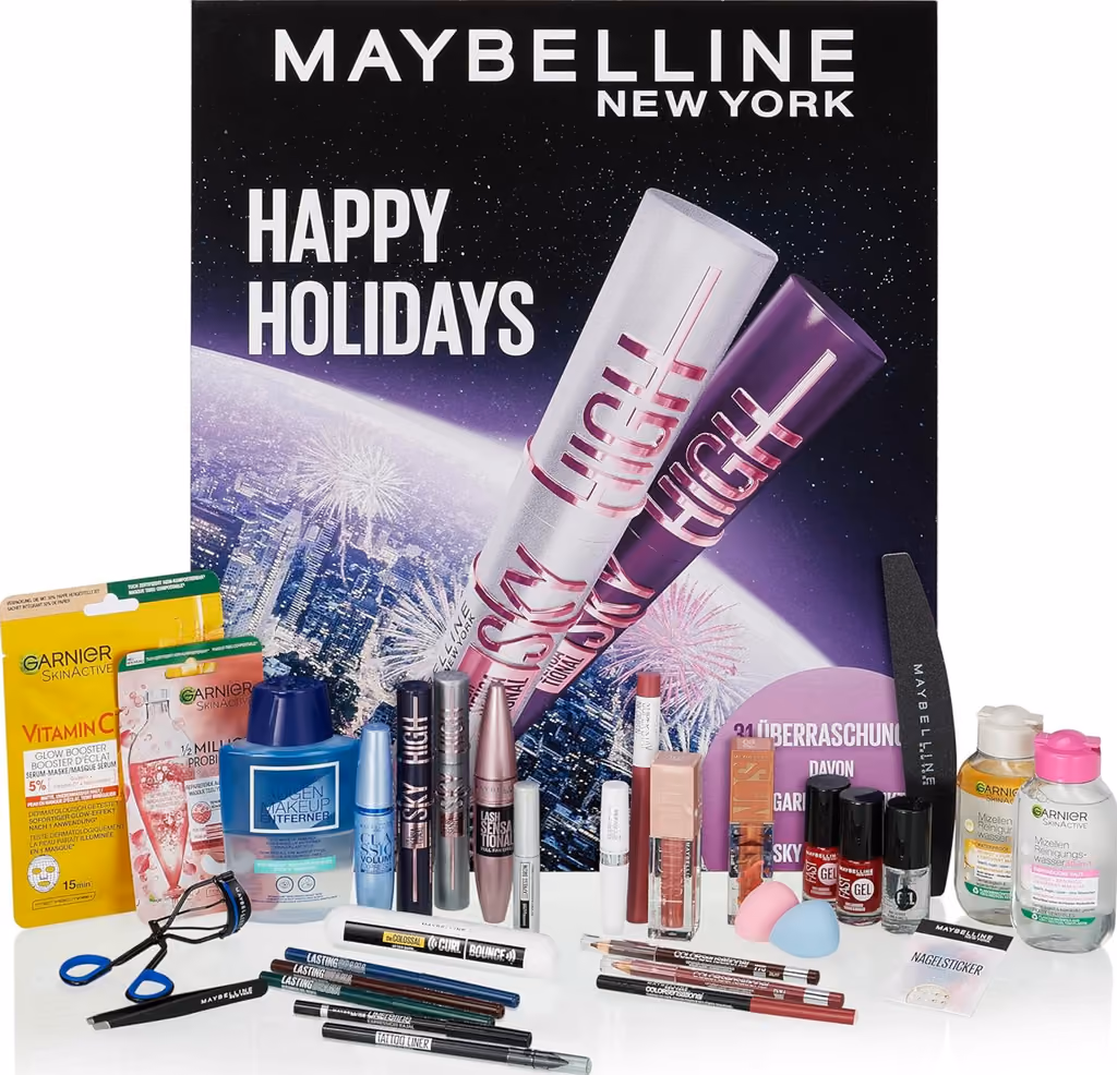 Maybelline Happy Holidays 2025 with the 26 named products in front