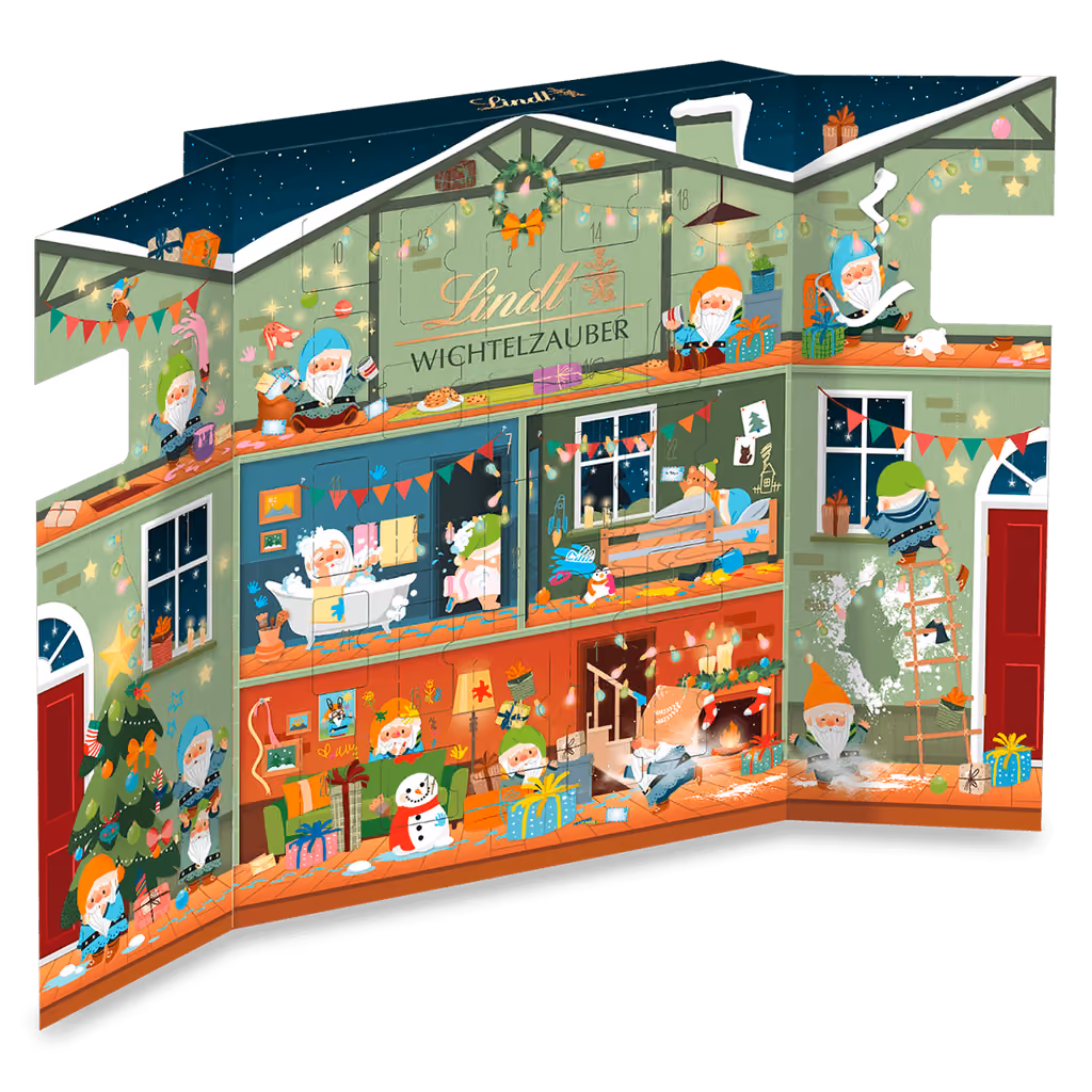 The Wichtel Zauber calendar folded open into a three-storey gnome house