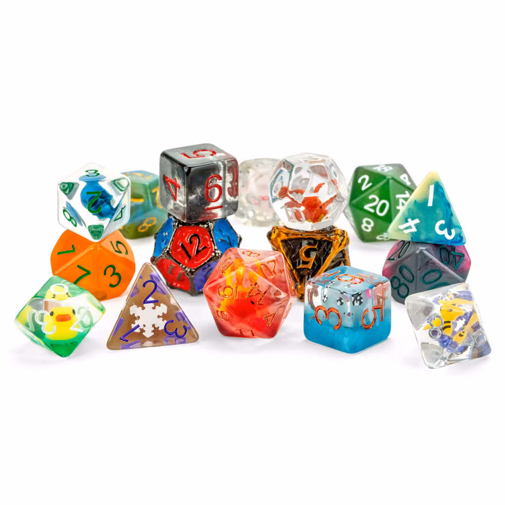 A set of the larger polyhedral dice with festive inclusions